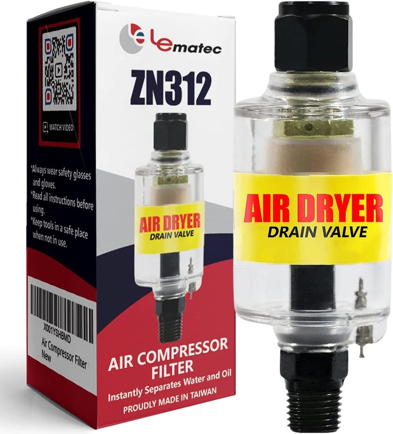 LE LEMATEC مجفف الهواء LE LEMATEC لضاغط الهواء - فاصل مياه متصل وزيت أدوات الهواء، فاصل رطوبة 1/4" NPT لبخاخات HVLP، قواطع البلازما، أدوات هوائية، 2-150 PSI - Image 1